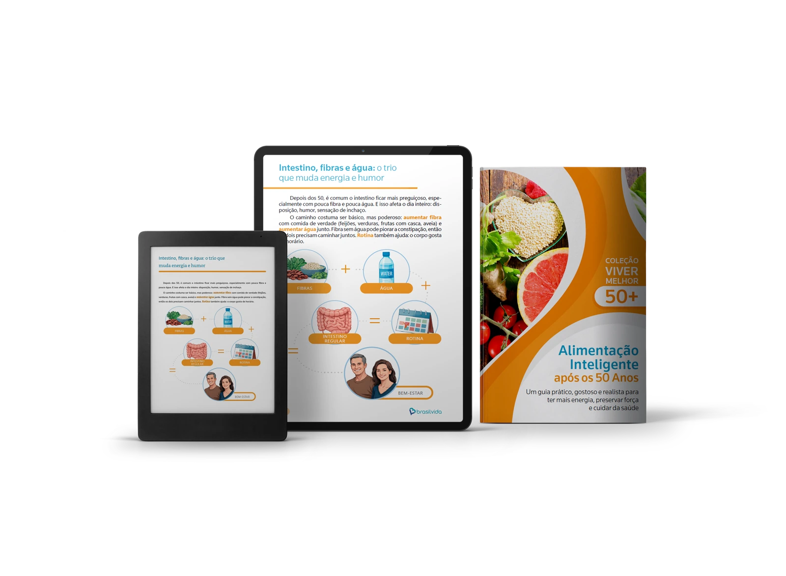 Livro Alimentação Inteligente após os 50 Anos ao lado de telas com páginas internas