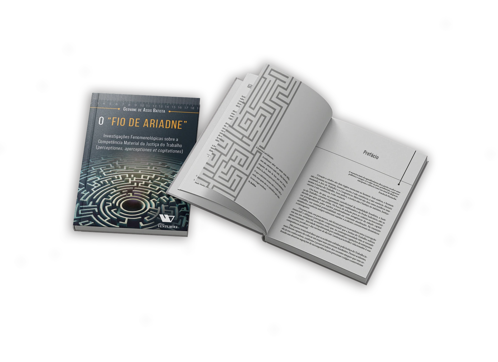 Livro O Fio de Ariadne com capa em forma de labirinto e páginas abertas