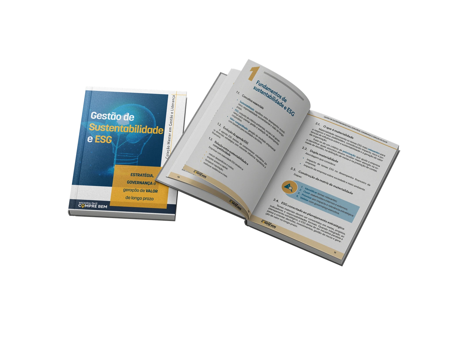 Gestão de Sustentabilidade e ESG: exemplar impresso com capa e páginas abertas