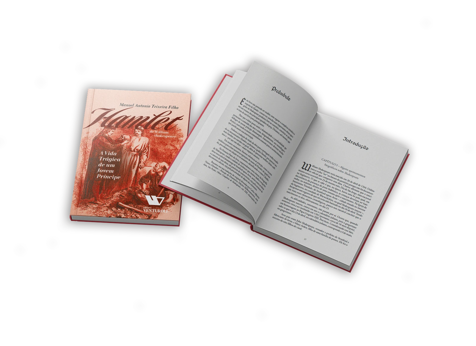 Hamlet de William Shakespeare com capa ilustrada e páginas abertas