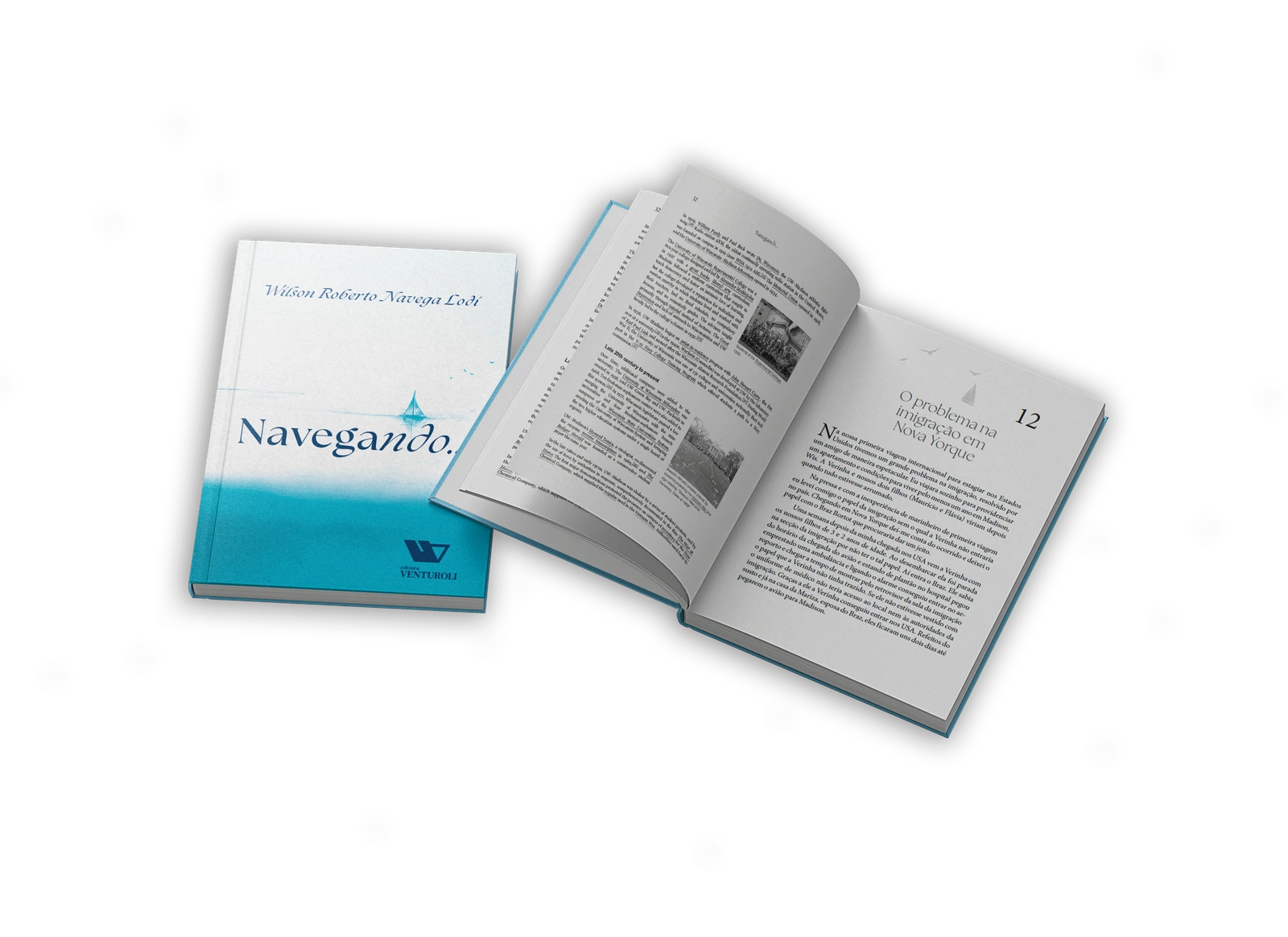 Livro Navegando com capa azul e páginas de viagem abertas
