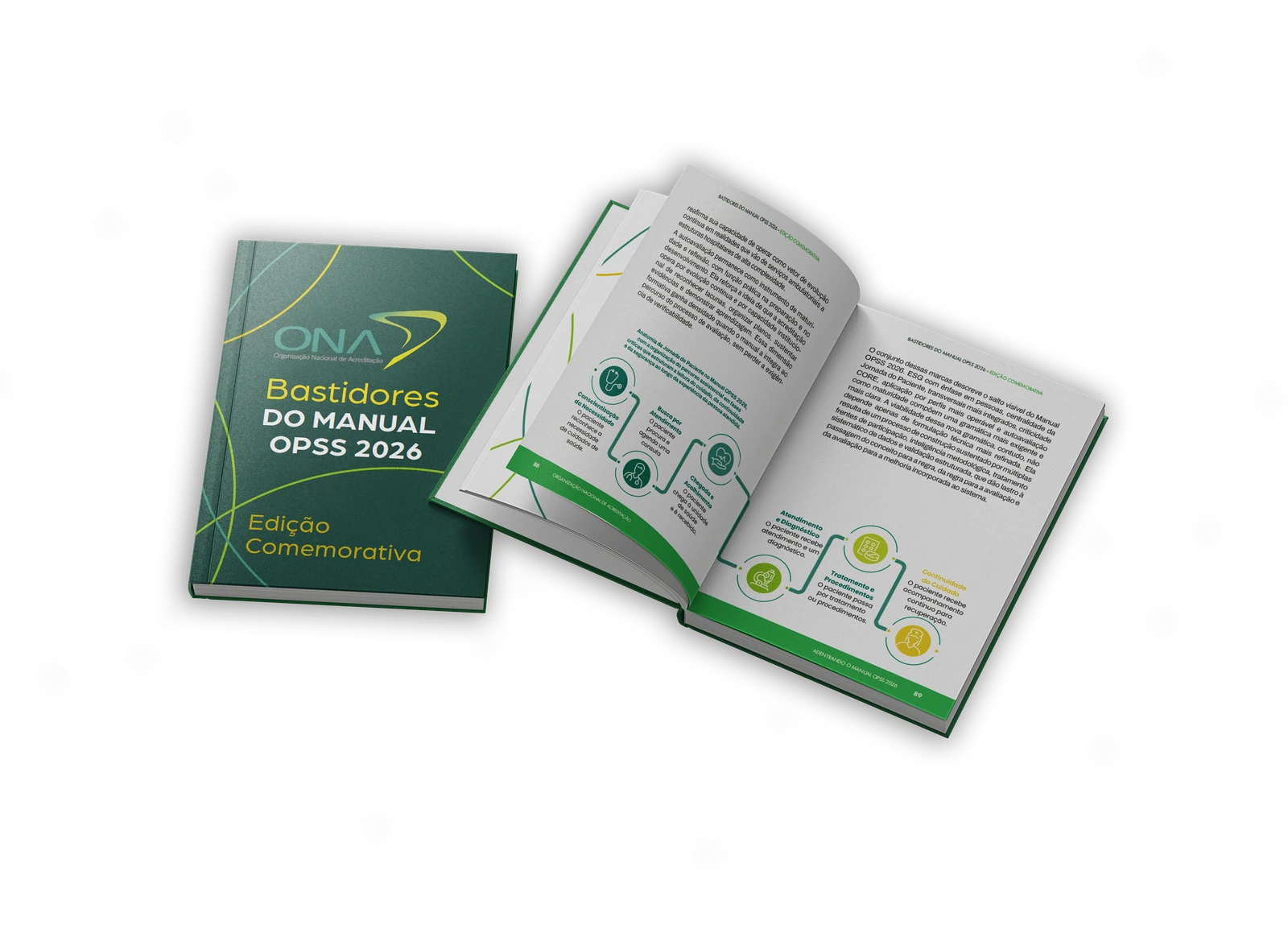 Exemplar impresso de Bastidores do Manual OPSS 2026: capa e páginas abertas