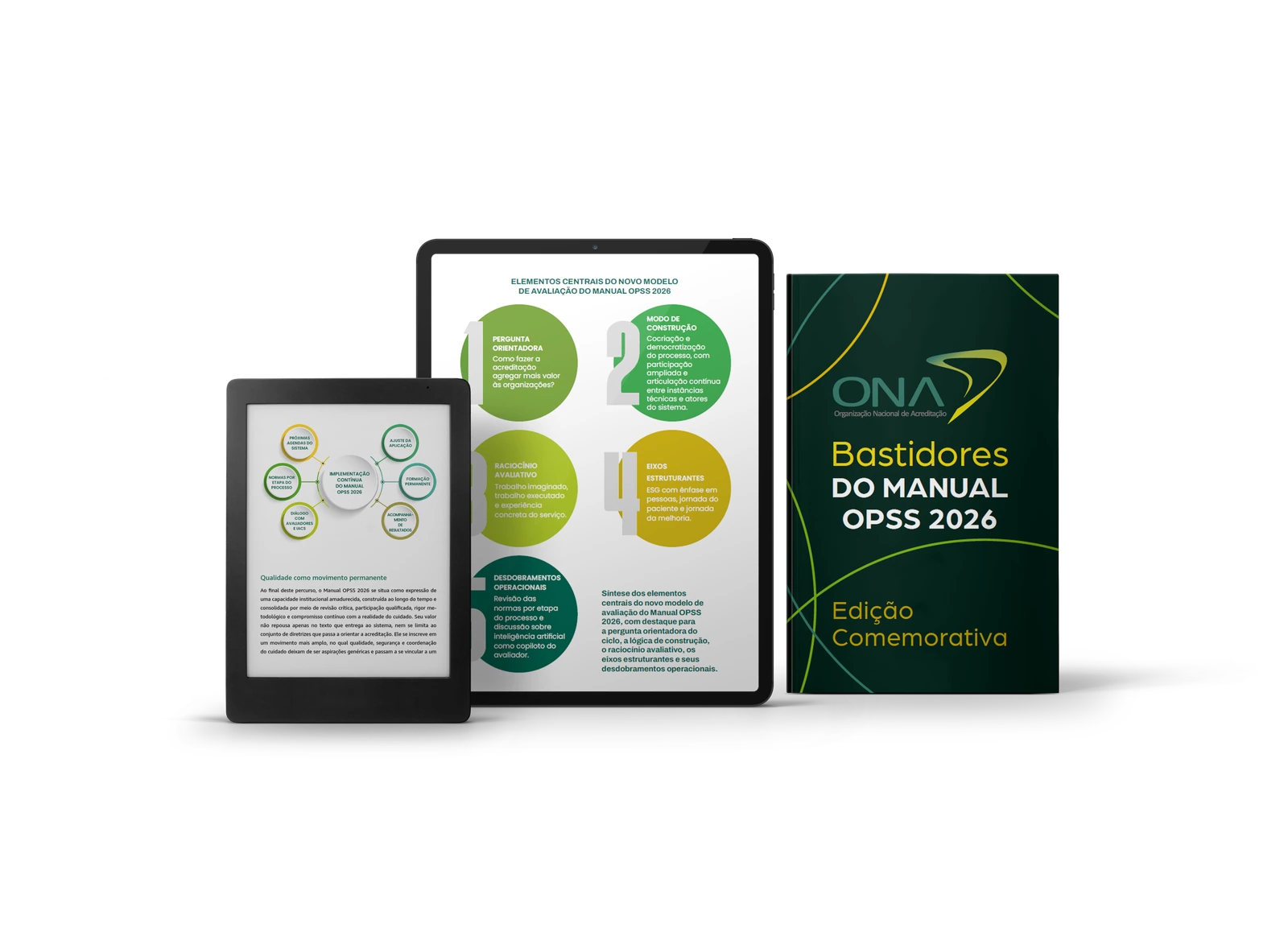 Bastidores do Manual OPSS 2026: capa e infográficos em dois dispositivos digitais