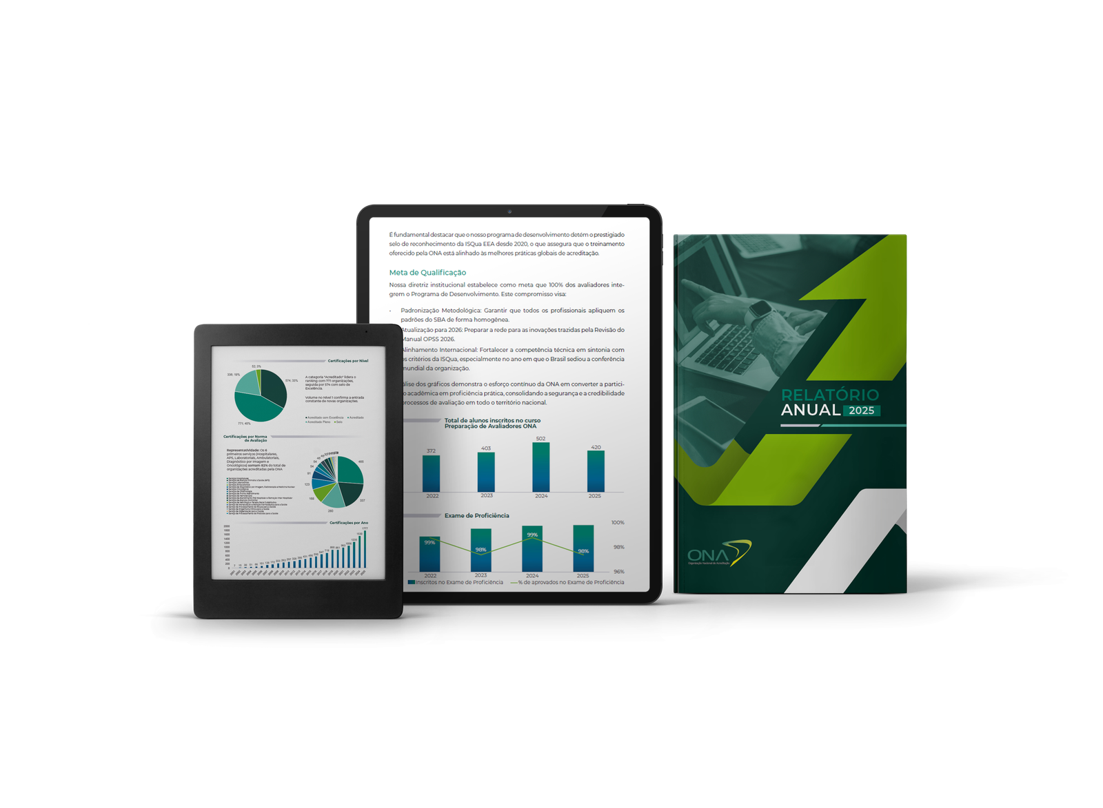 Relatório Anual 2025 da ONA: capa e páginas com gráficos em dois dispositivos digitais