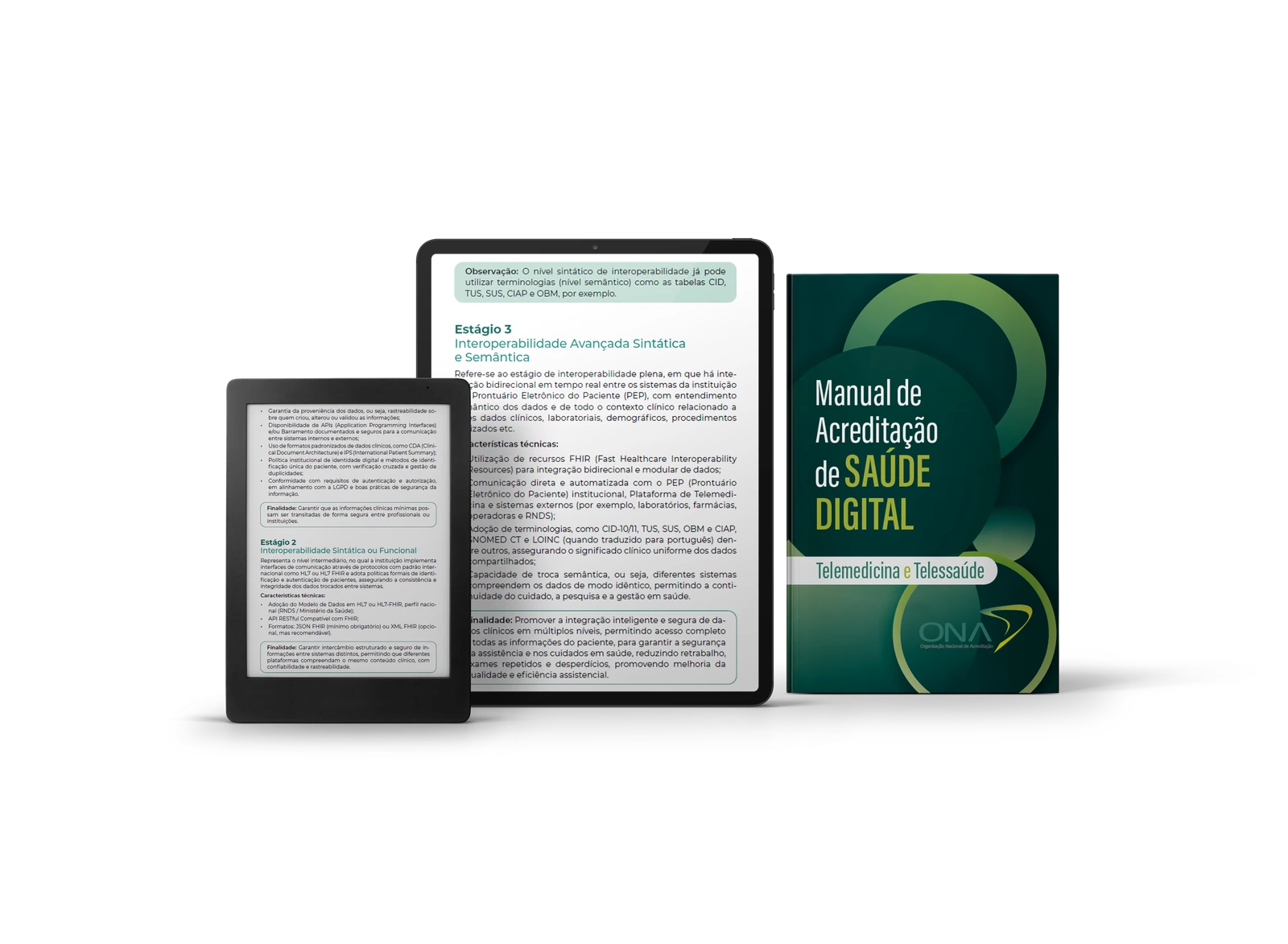 Manual de Acreditação de Saúde Digital: capa e páginas em dois dispositivos digitais